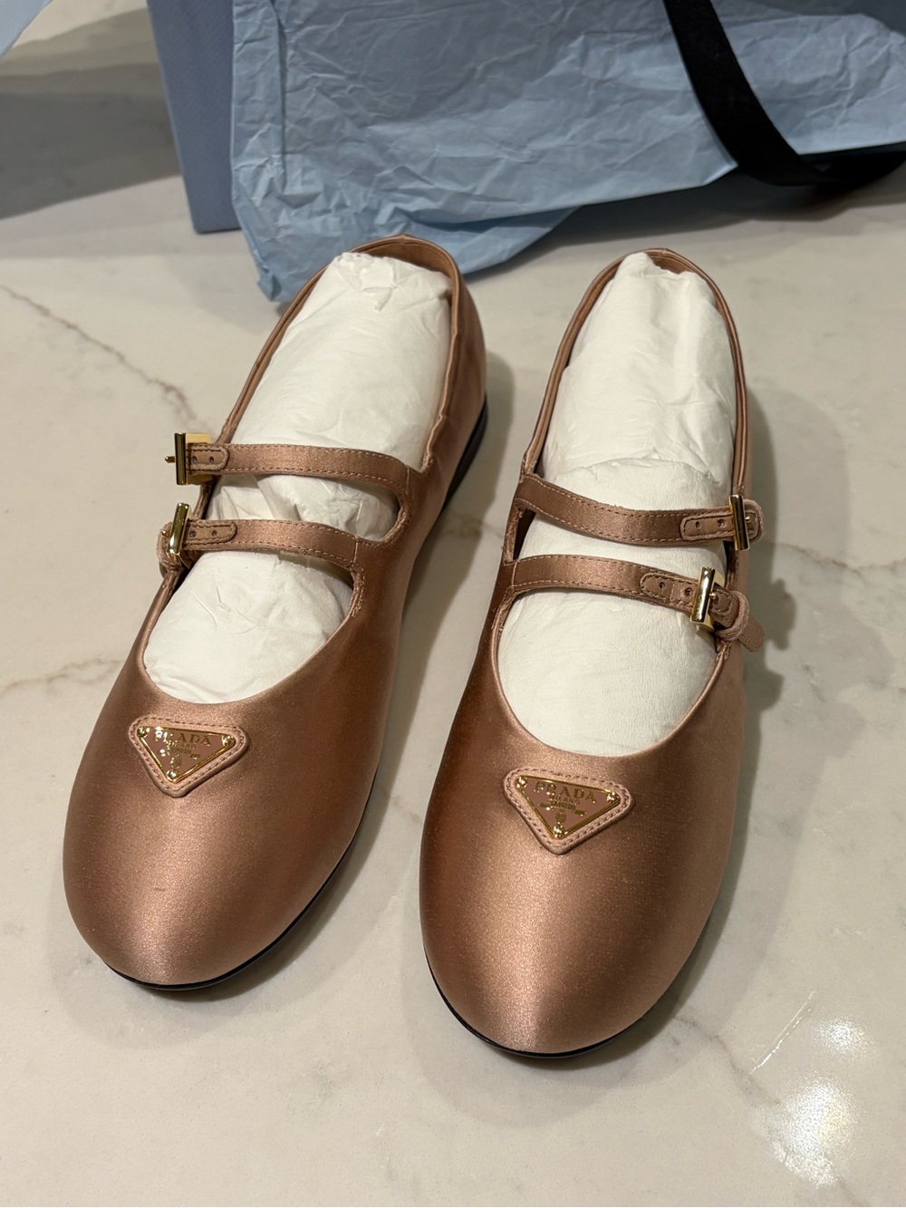 Prada Double-Strap Mary Jane Flats in Rose Gold Metallic - Picture 6 of 10